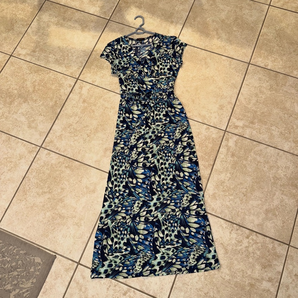 Cocomo Vintage OG Blue Green Black White Butterfly Style Fancy Maxi Dress